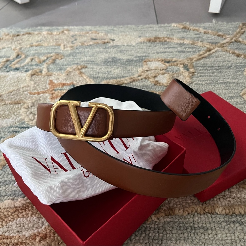 Valentino Garavani Brown Leather V Logo Belt with Gold Buckle